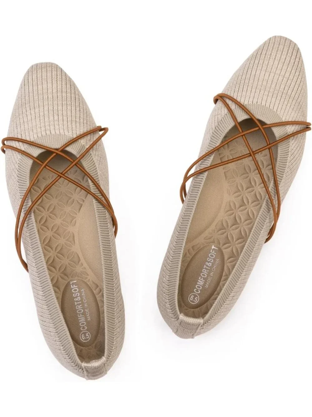 Women's Khaki Square Toe Flats Comfortable Knit Ballet Flats with Cross Strap